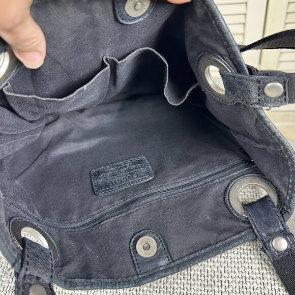 Vintage Fossil Hathaway Distressed Black Leather Studded Hobo Shoulder Bag Purse - Picture 4 of 5